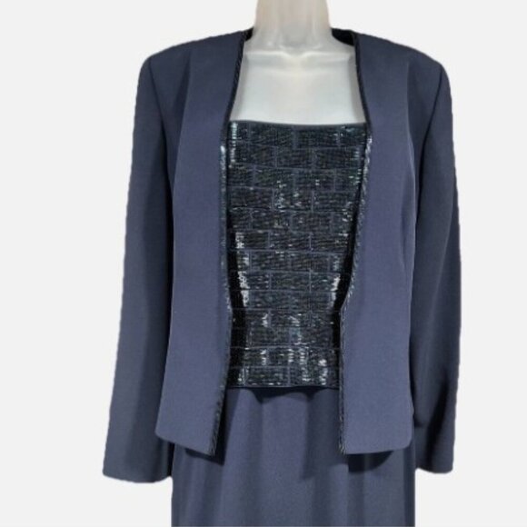 DAYMOR Couture Column Gown w/ Jacket Mother of Bride/Groom Blue Beaded Size 10 - Picture 8 of 16